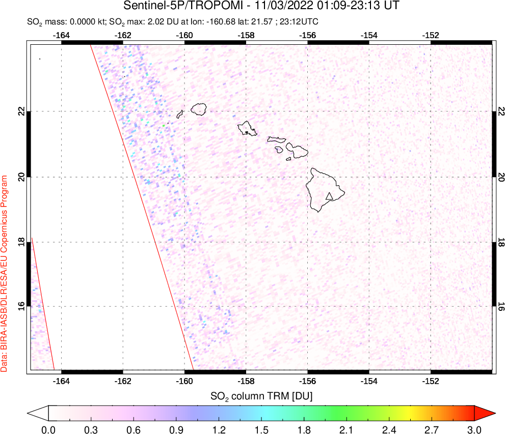 A sulfur dioxide image over Hawaii, USA on Nov 03, 2022.