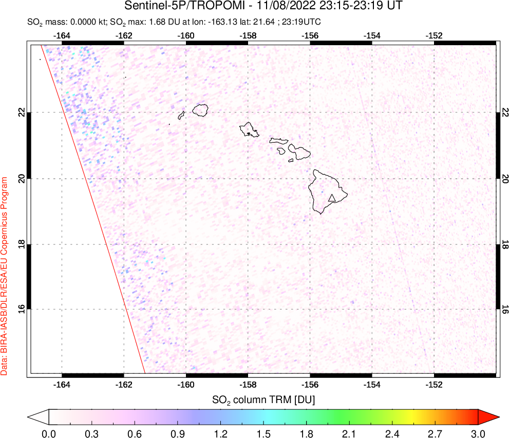 A sulfur dioxide image over Hawaii, USA on Nov 08, 2022.