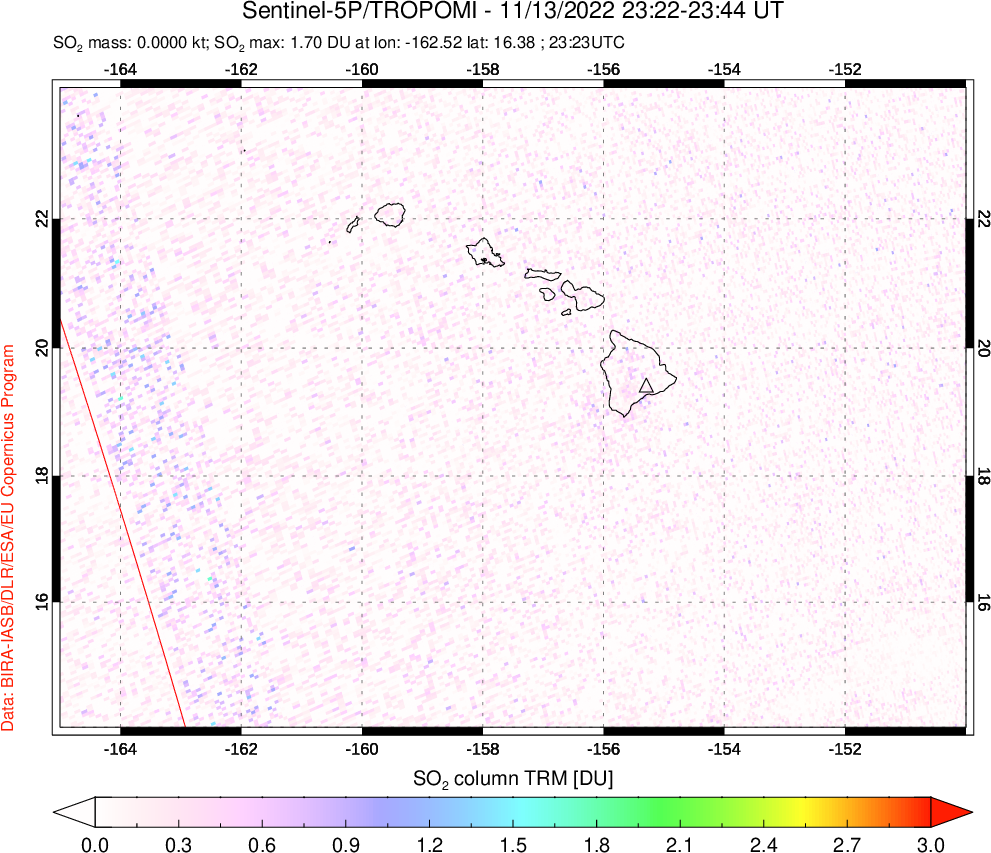 A sulfur dioxide image over Hawaii, USA on Nov 13, 2022.