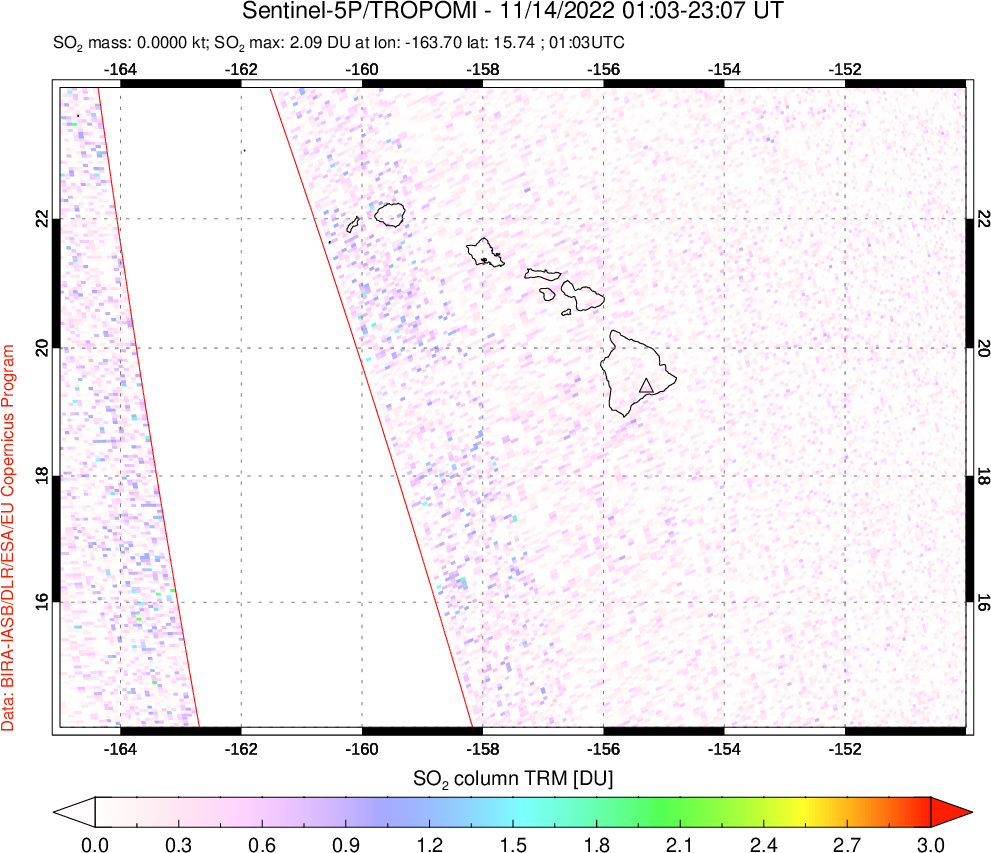 A sulfur dioxide image over Hawaii, USA on Nov 14, 2022.