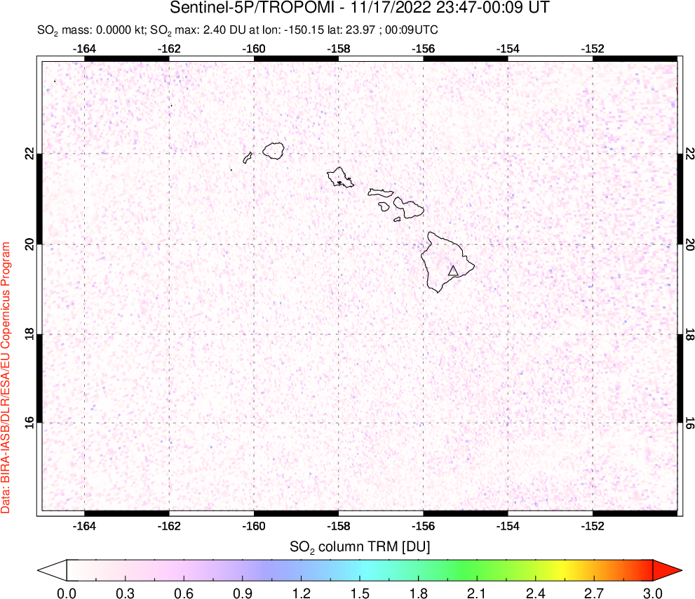 A sulfur dioxide image over Hawaii, USA on Nov 17, 2022.