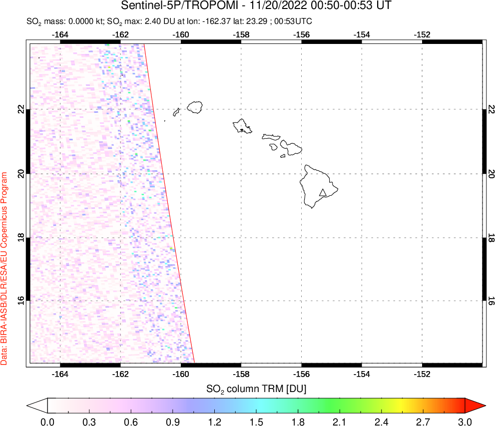 A sulfur dioxide image over Hawaii, USA on Nov 20, 2022.
