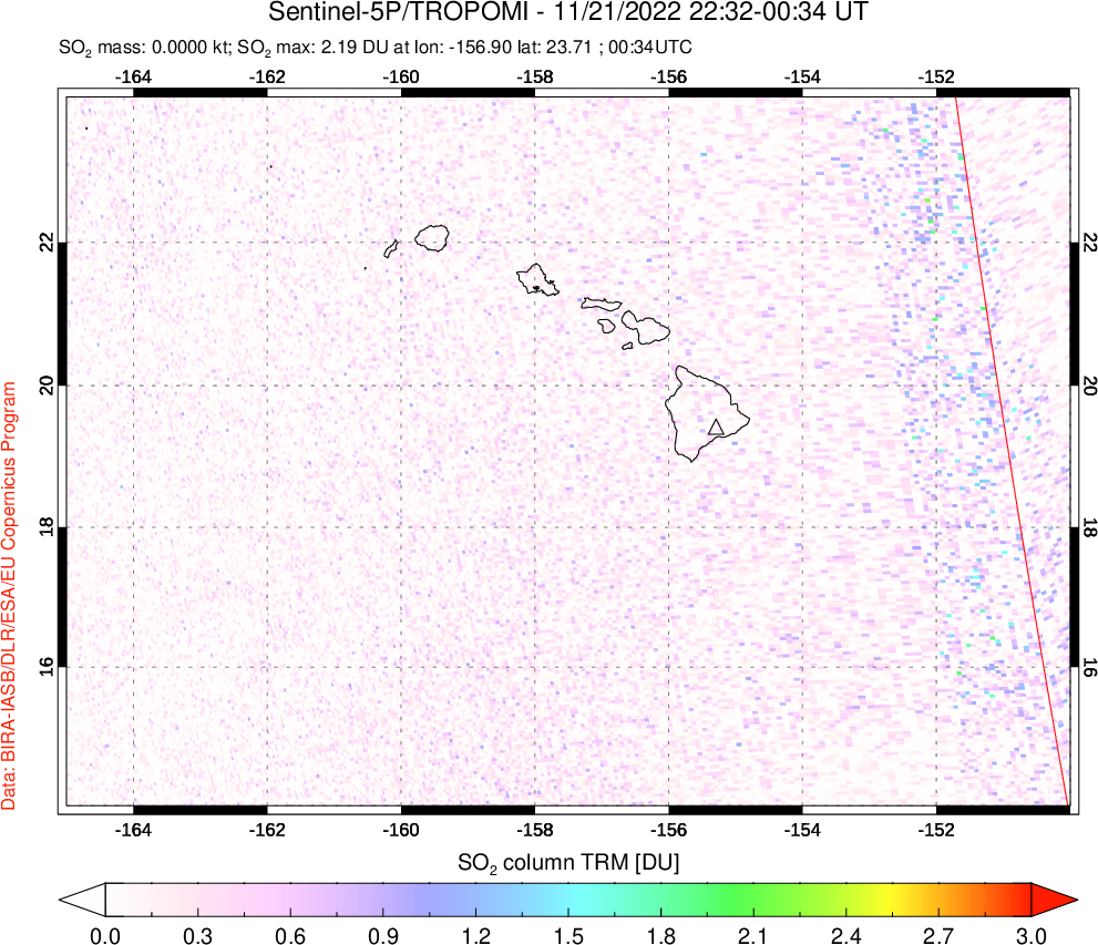 A sulfur dioxide image over Hawaii, USA on Nov 21, 2022.