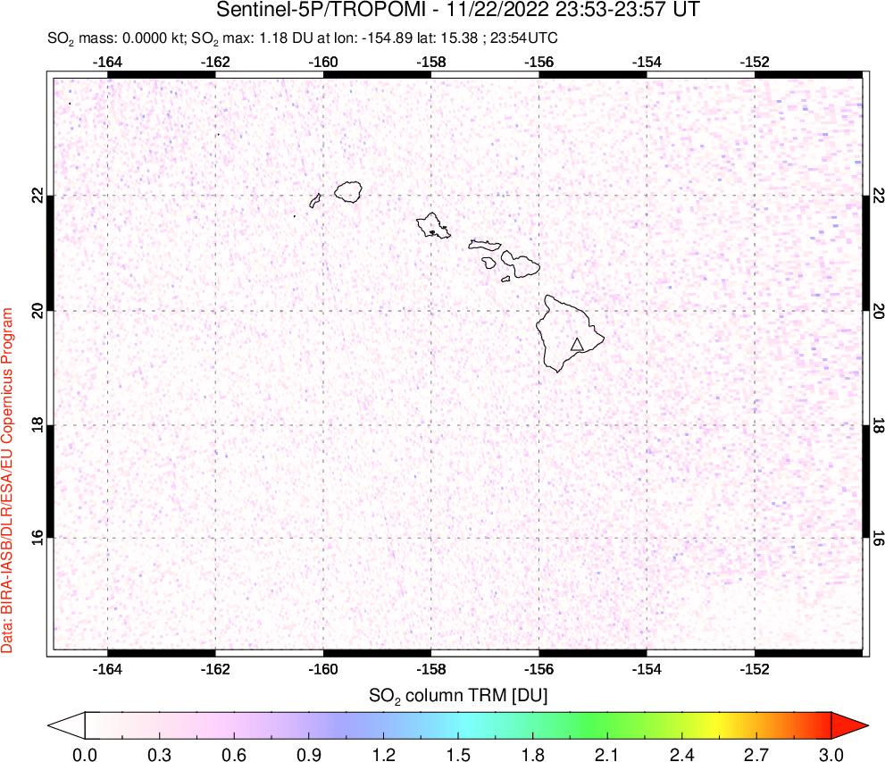 A sulfur dioxide image over Hawaii, USA on Nov 22, 2022.