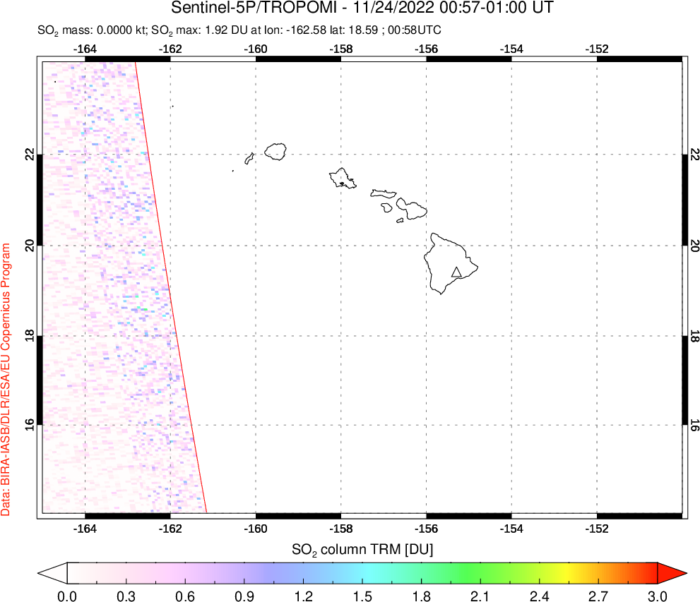A sulfur dioxide image over Hawaii, USA on Nov 24, 2022.