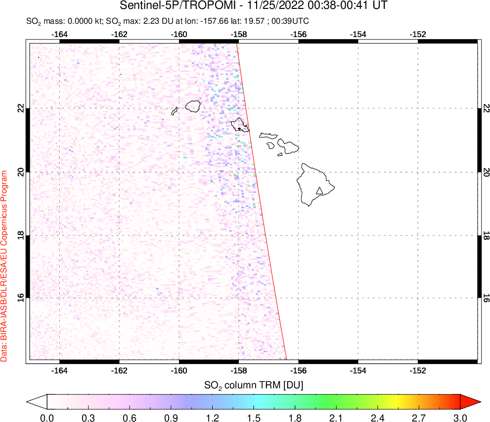 A sulfur dioxide image over Hawaii, USA on Nov 25, 2022.
