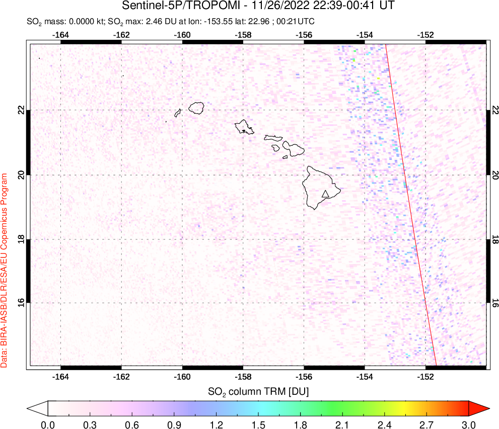 A sulfur dioxide image over Hawaii, USA on Nov 26, 2022.