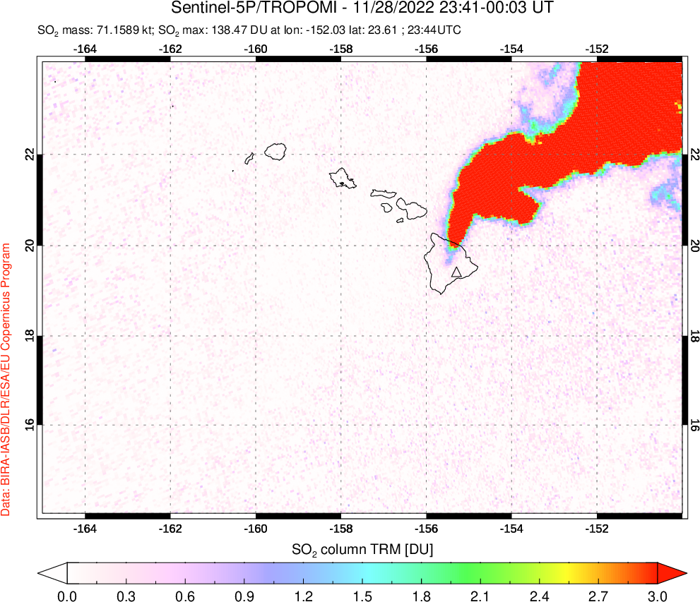 A sulfur dioxide image over Hawaii, USA on Nov 28, 2022.