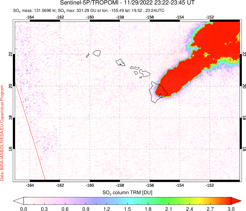 A sulfur dioxide image over Hawaii, USA on Nov 29, 2022.