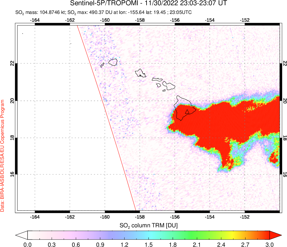 A sulfur dioxide image over Hawaii, USA on Nov 30, 2022.