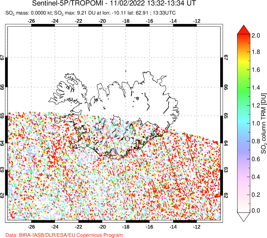 A sulfur dioxide image over Iceland on Nov 02, 2022.