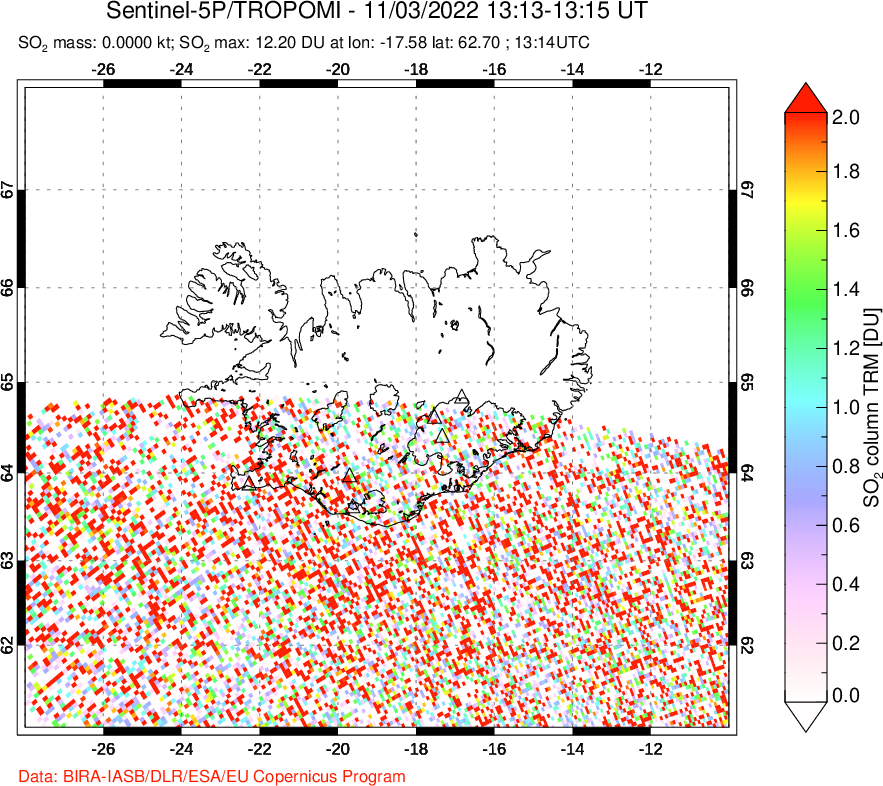 A sulfur dioxide image over Iceland on Nov 03, 2022.