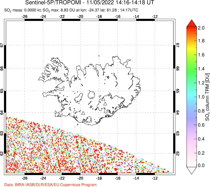 A sulfur dioxide image over Iceland on Nov 05, 2022.