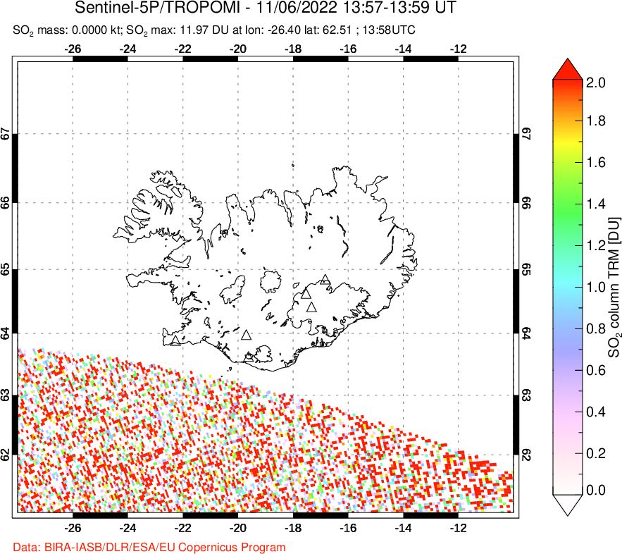 A sulfur dioxide image over Iceland on Nov 06, 2022.
