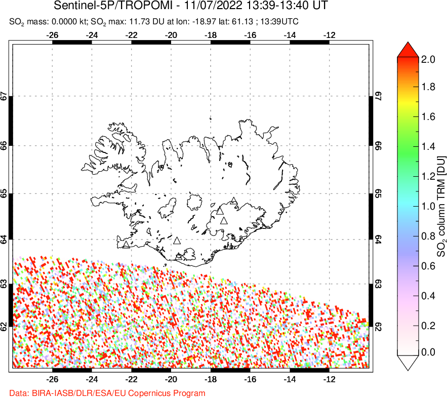 A sulfur dioxide image over Iceland on Nov 07, 2022.