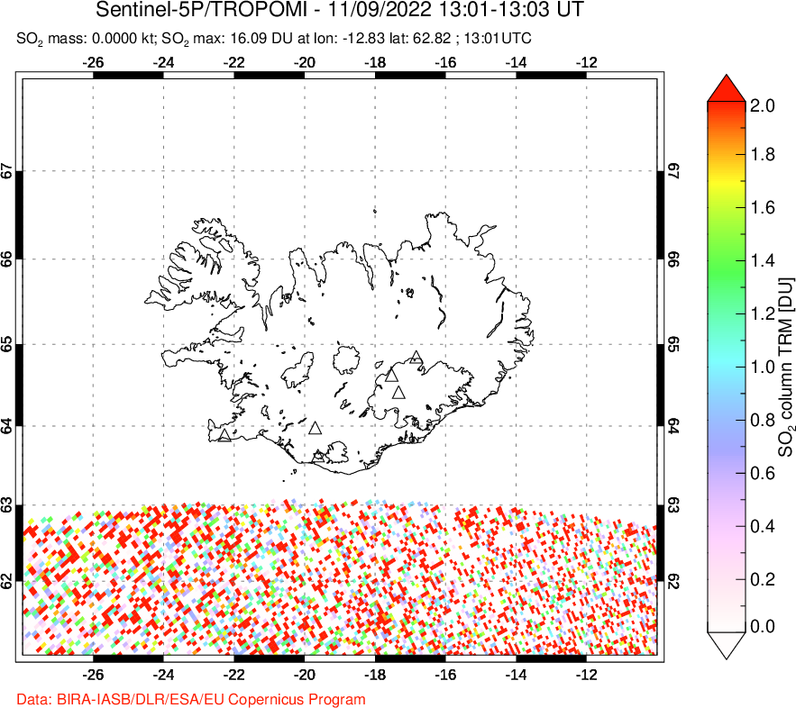 A sulfur dioxide image over Iceland on Nov 09, 2022.