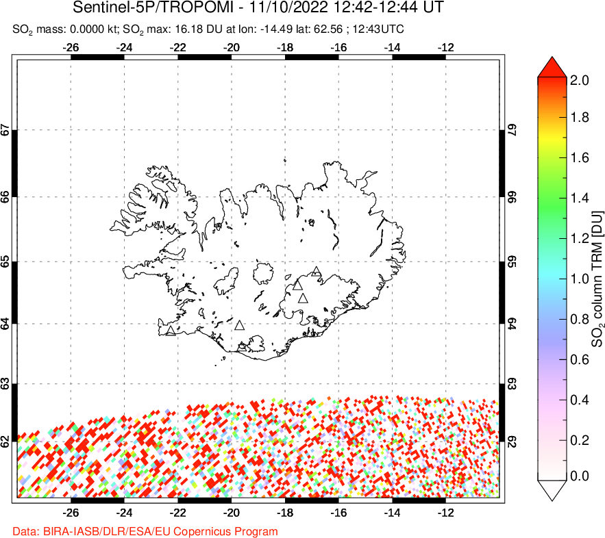 A sulfur dioxide image over Iceland on Nov 10, 2022.
