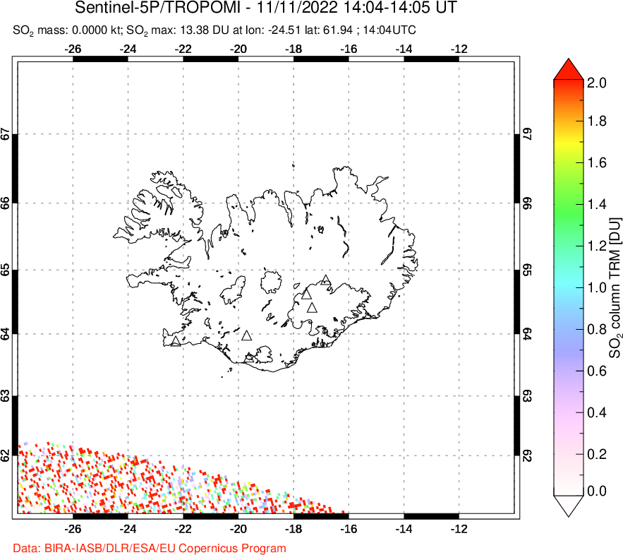 A sulfur dioxide image over Iceland on Nov 11, 2022.