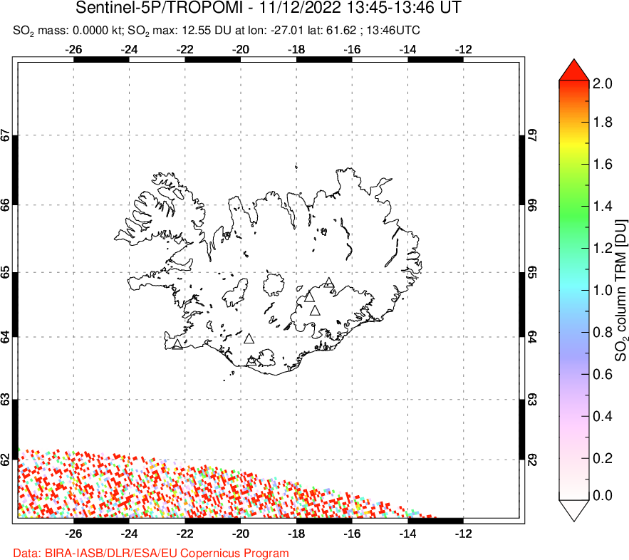 A sulfur dioxide image over Iceland on Nov 12, 2022.