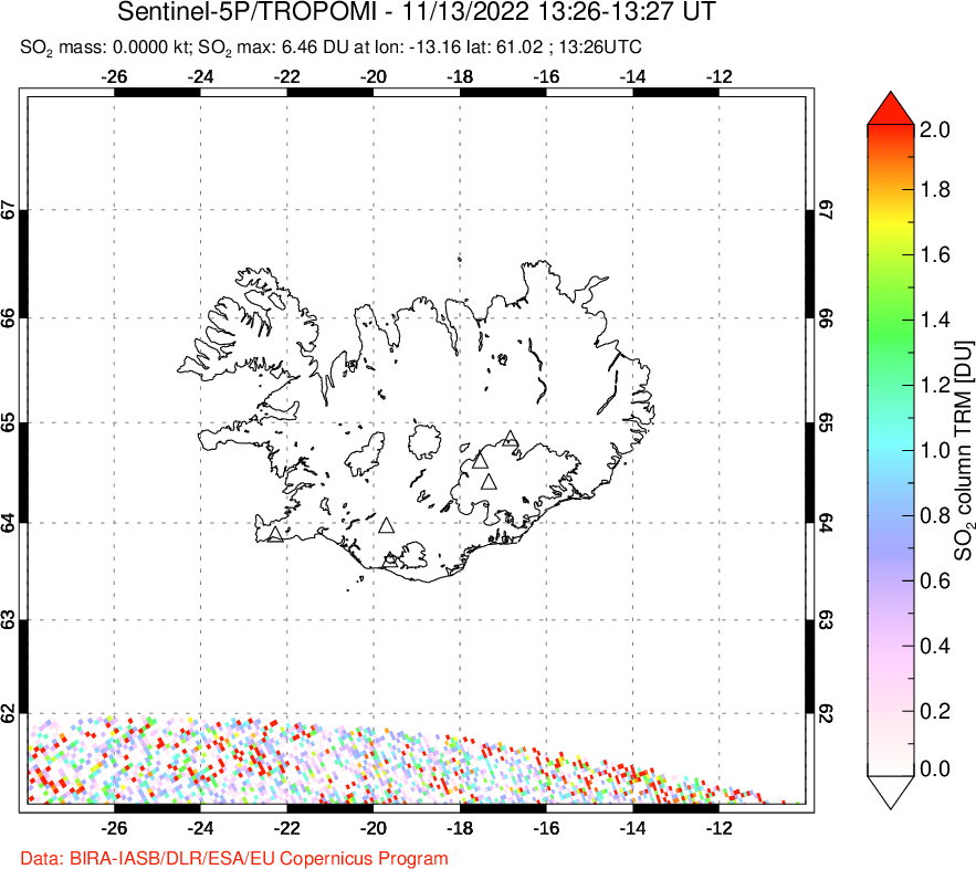 A sulfur dioxide image over Iceland on Nov 13, 2022.