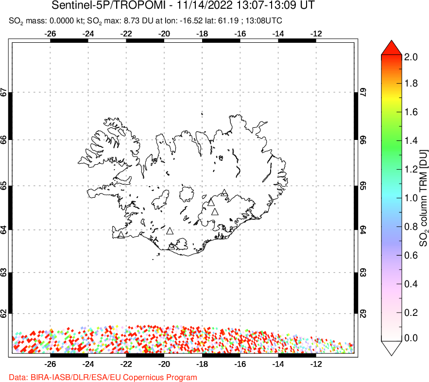 A sulfur dioxide image over Iceland on Nov 14, 2022.