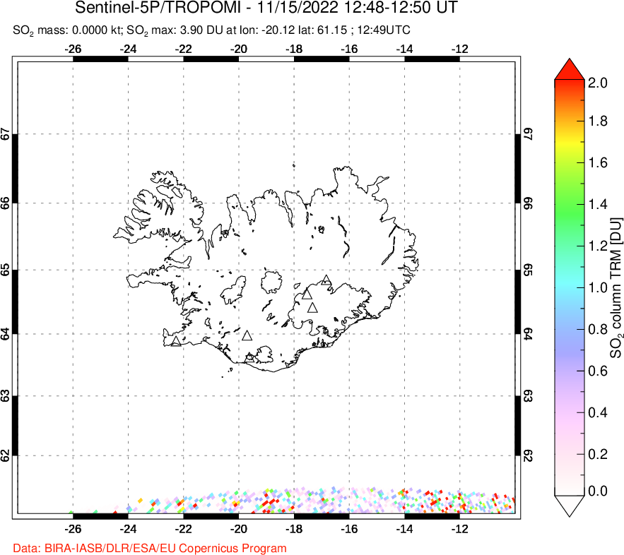 A sulfur dioxide image over Iceland on Nov 15, 2022.