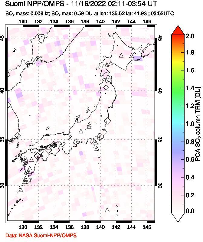 A sulfur dioxide image over Japan on Nov 16, 2022.