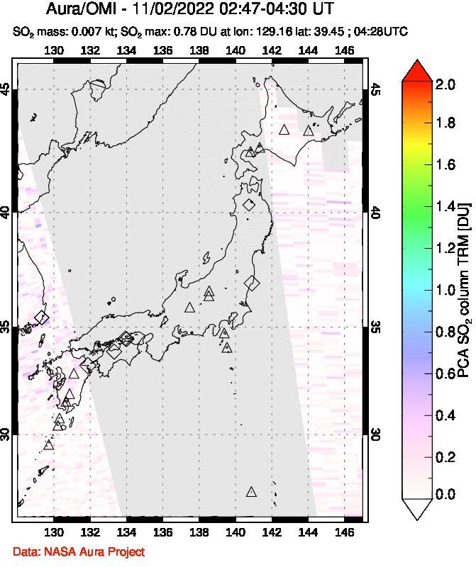 A sulfur dioxide image over Japan on Nov 02, 2022.