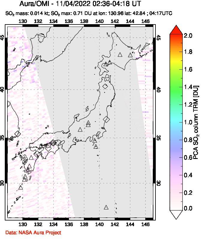 A sulfur dioxide image over Japan on Nov 04, 2022.