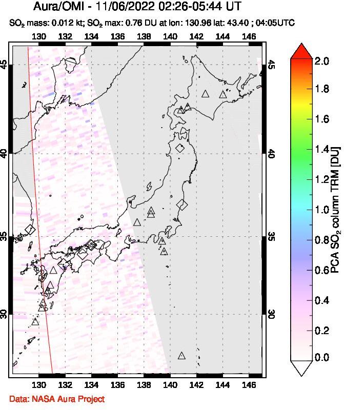 A sulfur dioxide image over Japan on Nov 06, 2022.
