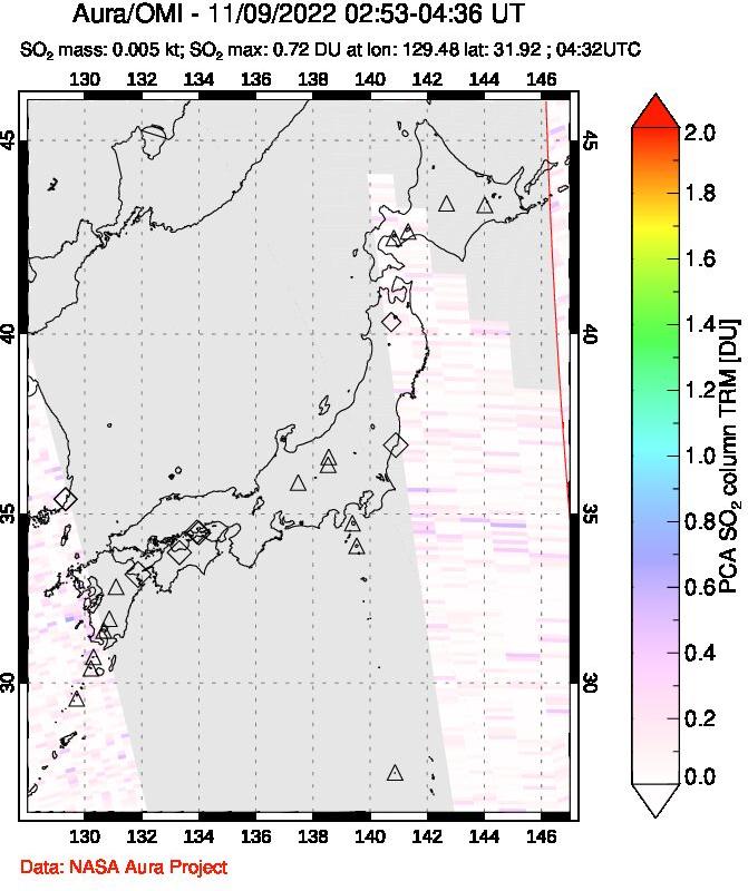 A sulfur dioxide image over Japan on Nov 09, 2022.