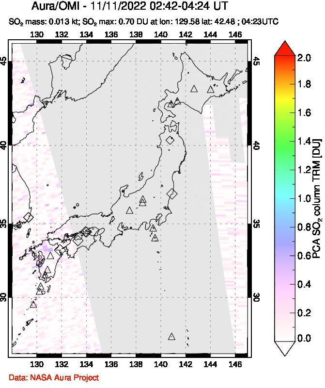A sulfur dioxide image over Japan on Nov 11, 2022.