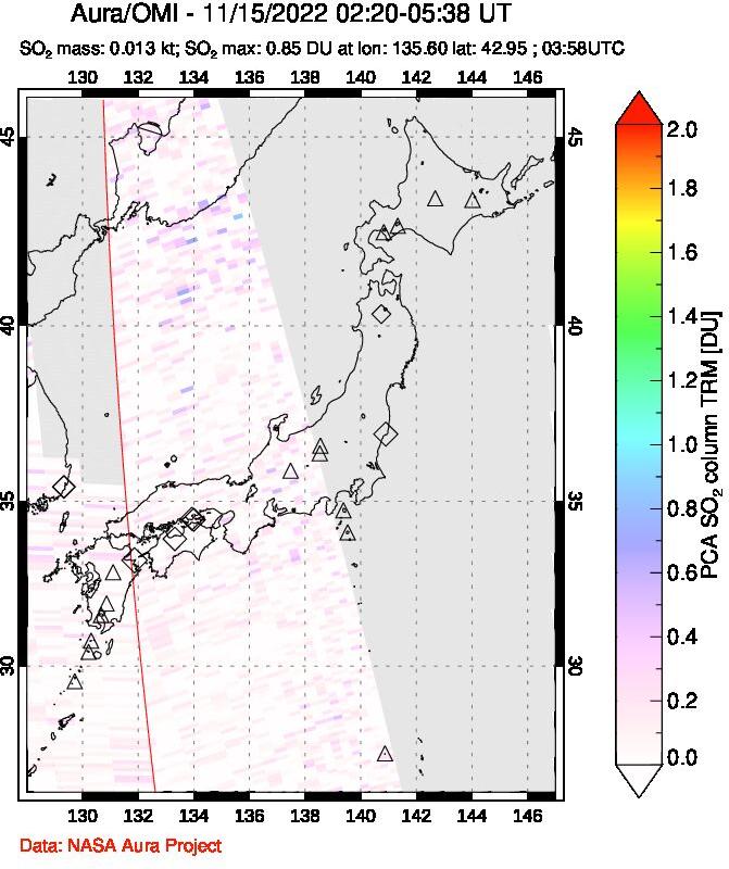 A sulfur dioxide image over Japan on Nov 15, 2022.