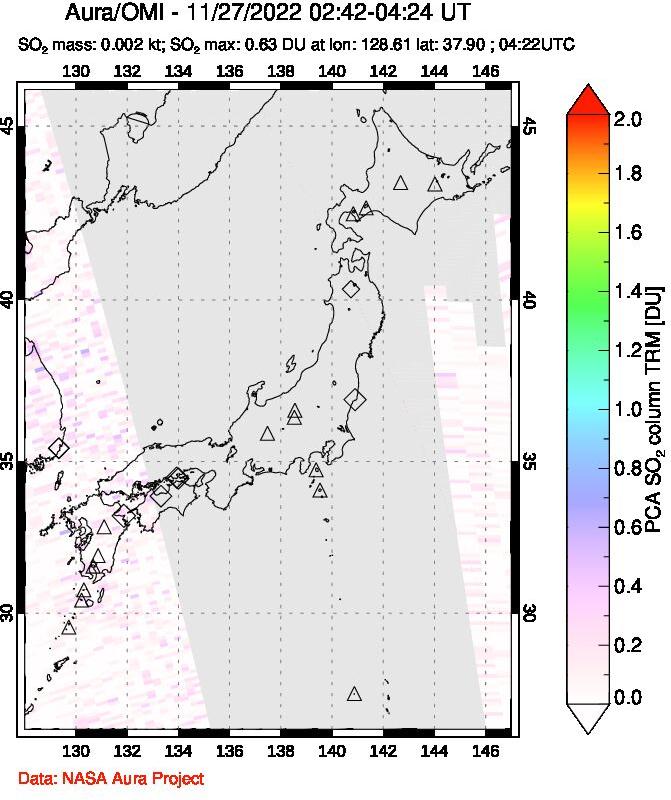 A sulfur dioxide image over Japan on Nov 27, 2022.
