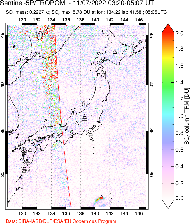 A sulfur dioxide image over Japan on Nov 07, 2022.