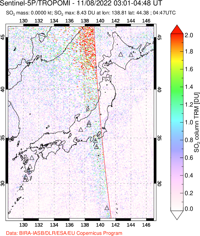 A sulfur dioxide image over Japan on Nov 08, 2022.