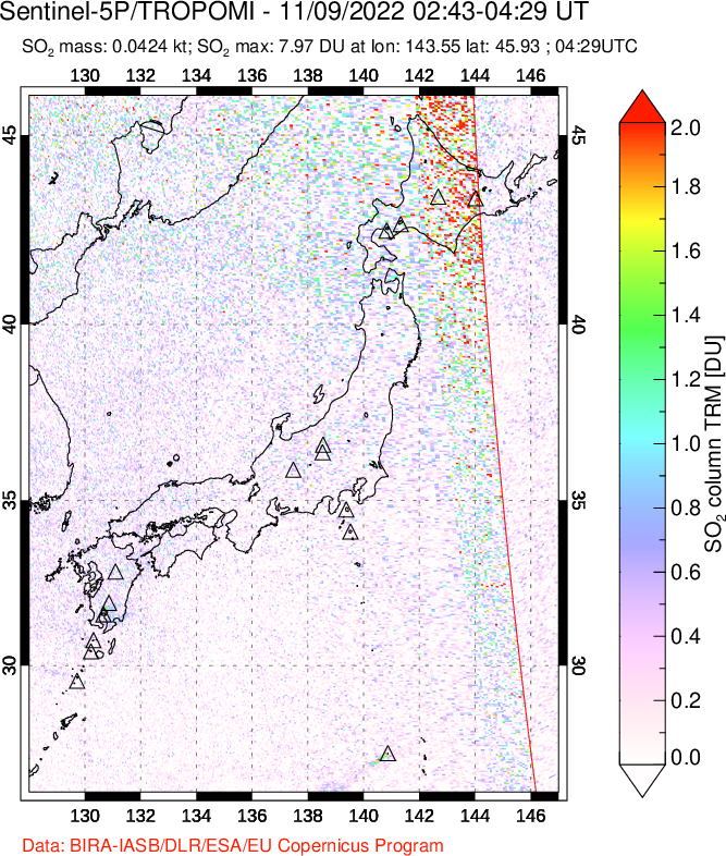 A sulfur dioxide image over Japan on Nov 09, 2022.