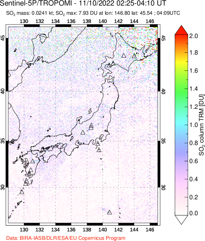A sulfur dioxide image over Japan on Nov 10, 2022.