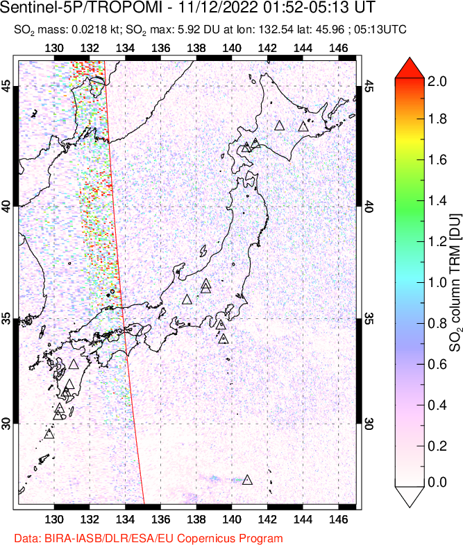 A sulfur dioxide image over Japan on Nov 12, 2022.