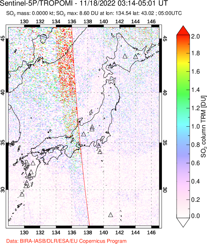 A sulfur dioxide image over Japan on Nov 18, 2022.