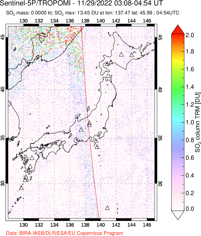A sulfur dioxide image over Japan on Nov 29, 2022.
