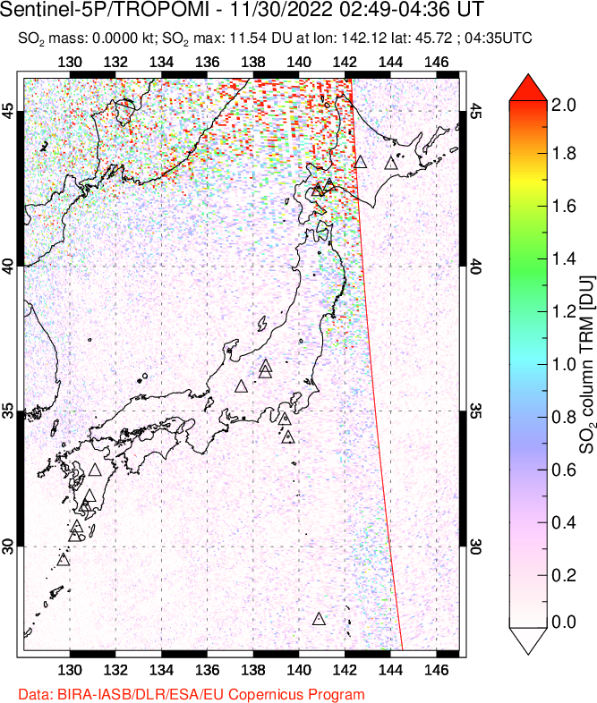 A sulfur dioxide image over Japan on Nov 30, 2022.