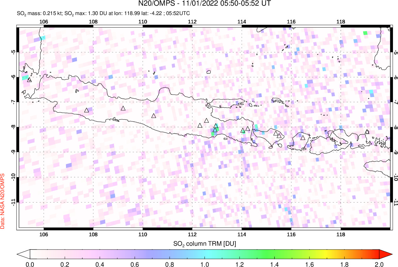A sulfur dioxide image over Java, Indonesia on Nov 01, 2022.