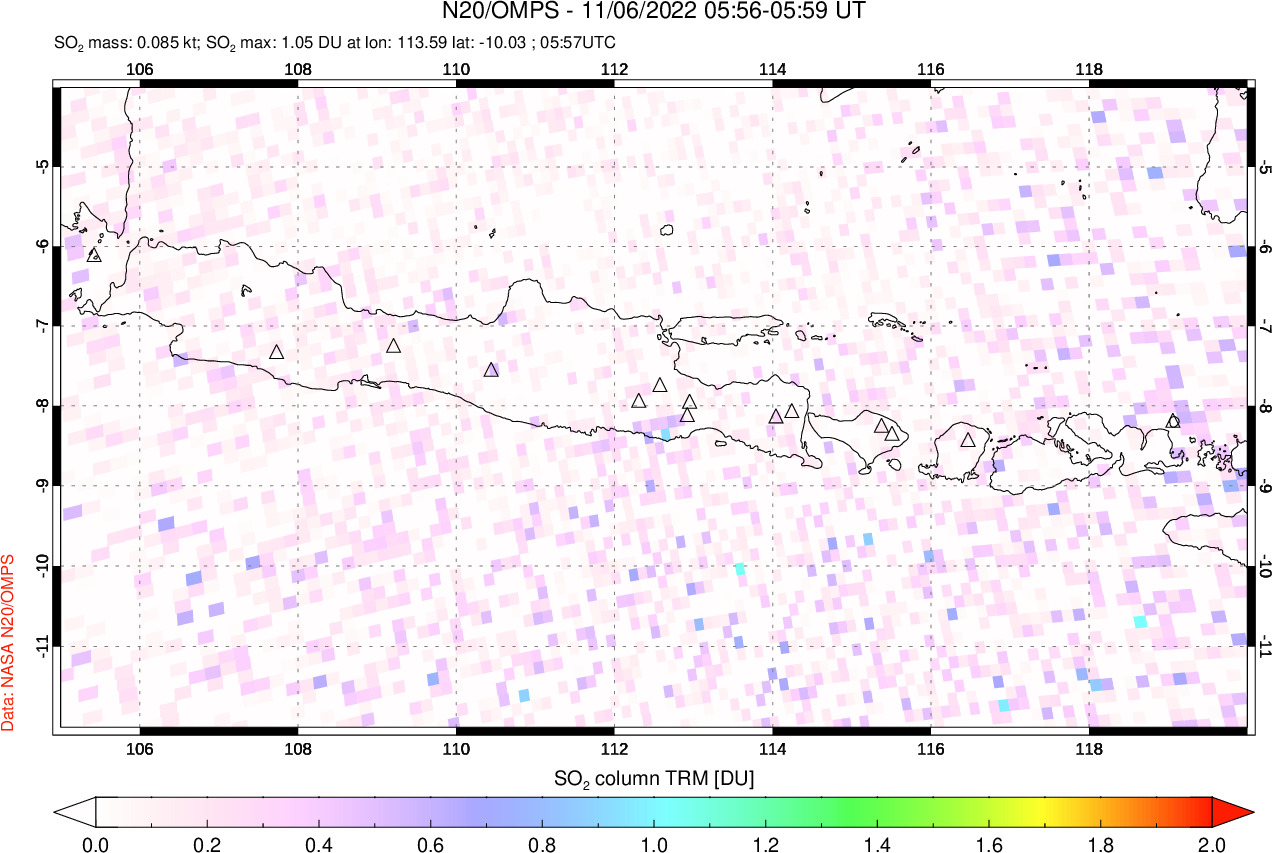A sulfur dioxide image over Java, Indonesia on Nov 06, 2022.