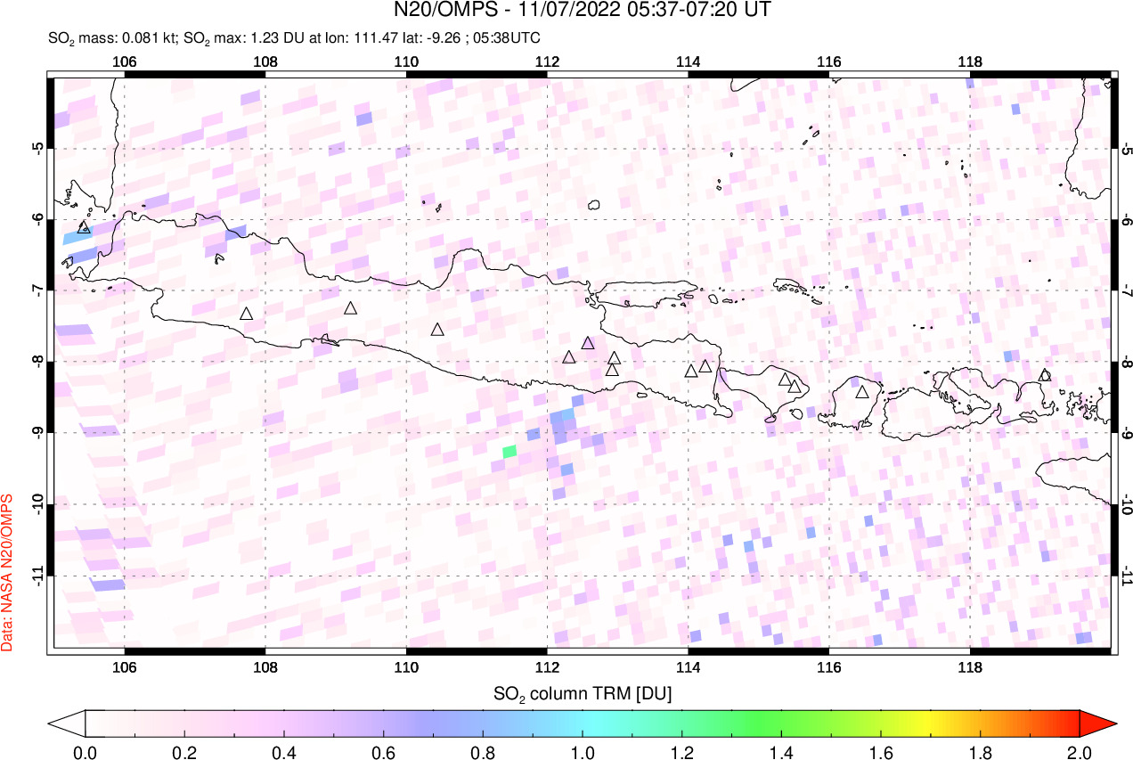 A sulfur dioxide image over Java, Indonesia on Nov 07, 2022.