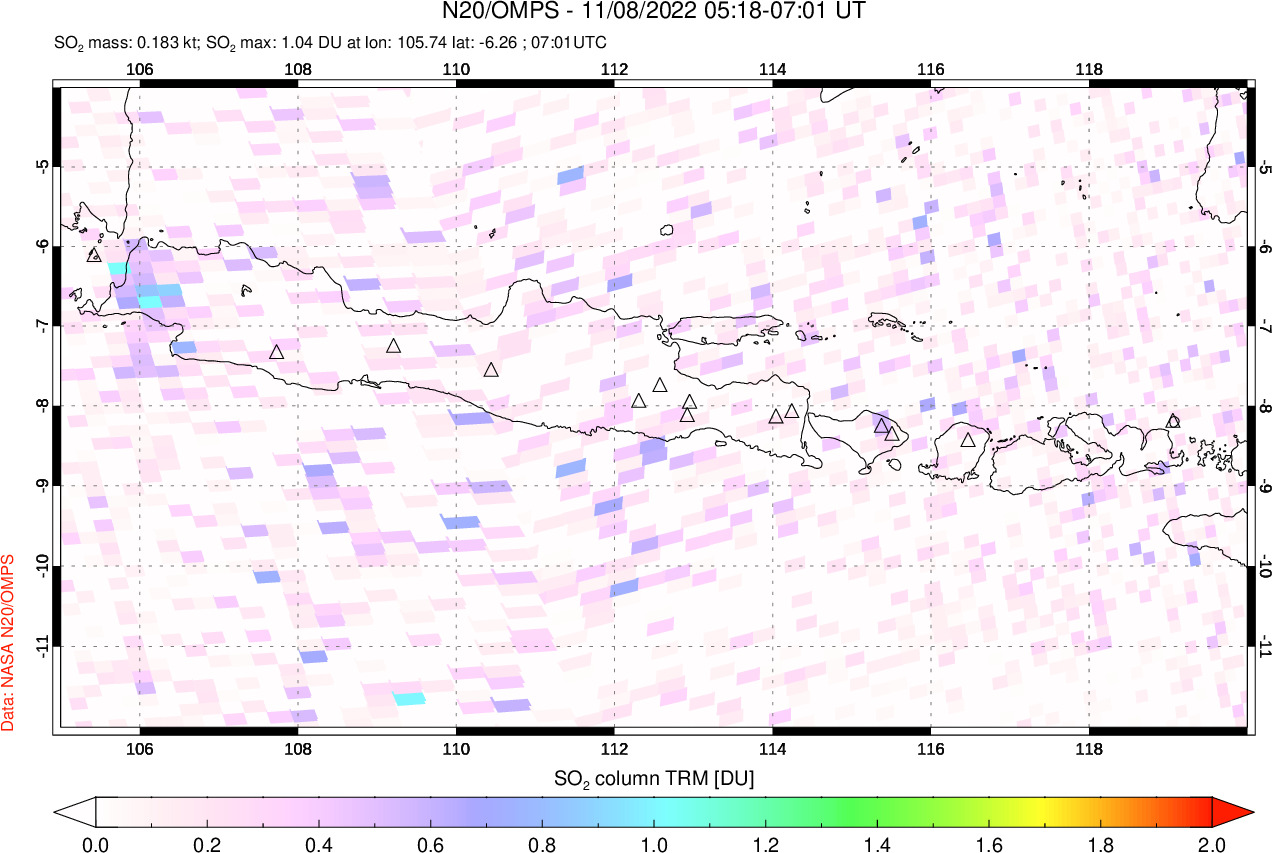 A sulfur dioxide image over Java, Indonesia on Nov 08, 2022.