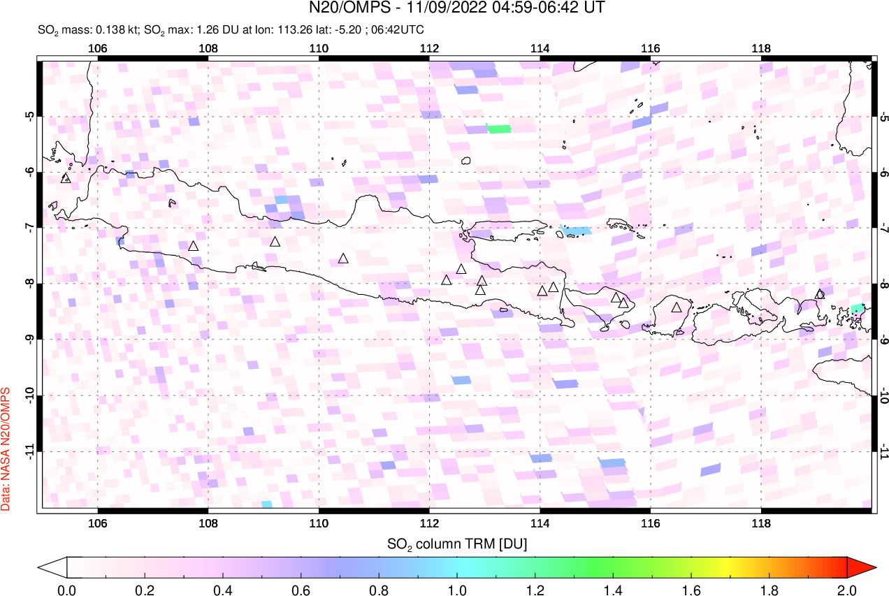 A sulfur dioxide image over Java, Indonesia on Nov 09, 2022.