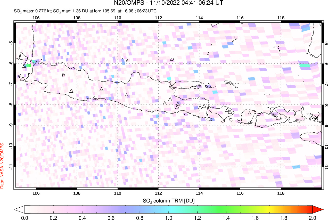 A sulfur dioxide image over Java, Indonesia on Nov 10, 2022.