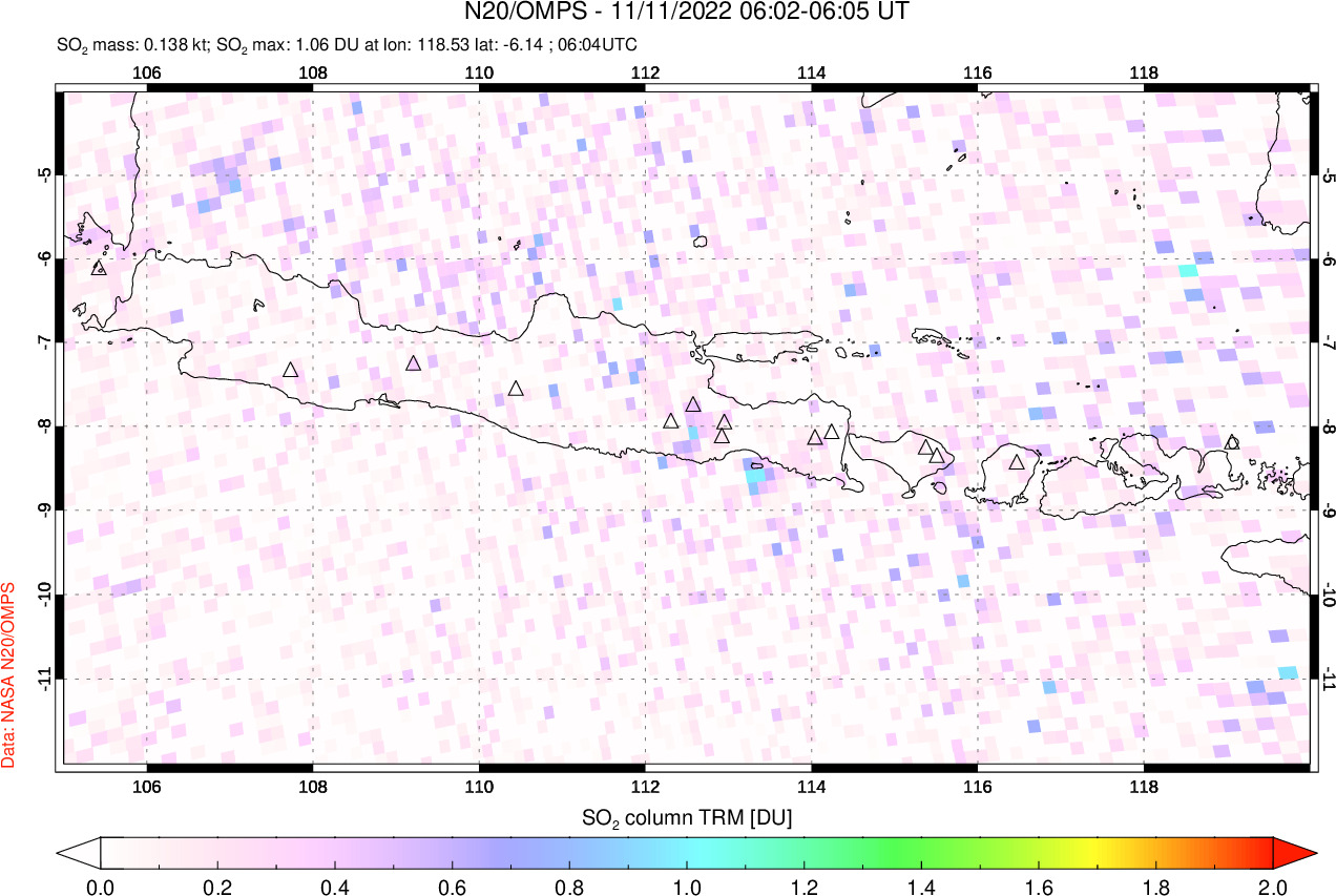 A sulfur dioxide image over Java, Indonesia on Nov 11, 2022.
