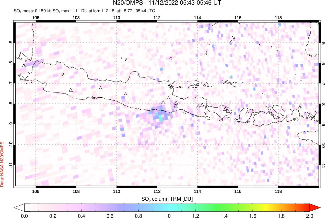 A sulfur dioxide image over Java, Indonesia on Nov 12, 2022.